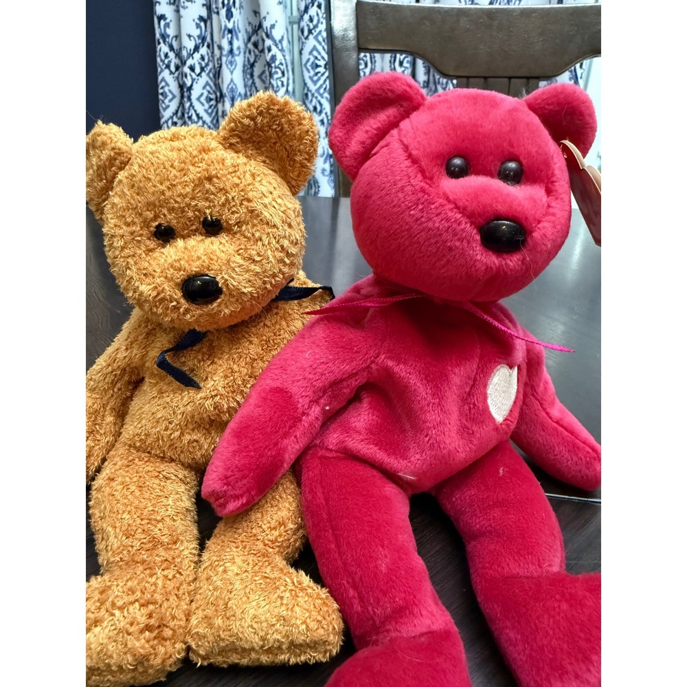 Ty Beanie Babies Valentina and Fuzz Bears Pink Brown Plush Set 1999 Vintage